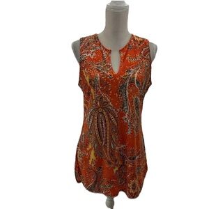 Lauren Ralph Lauren Orange Paisley Print Tunic Top Sz Medium Keyhole Beach